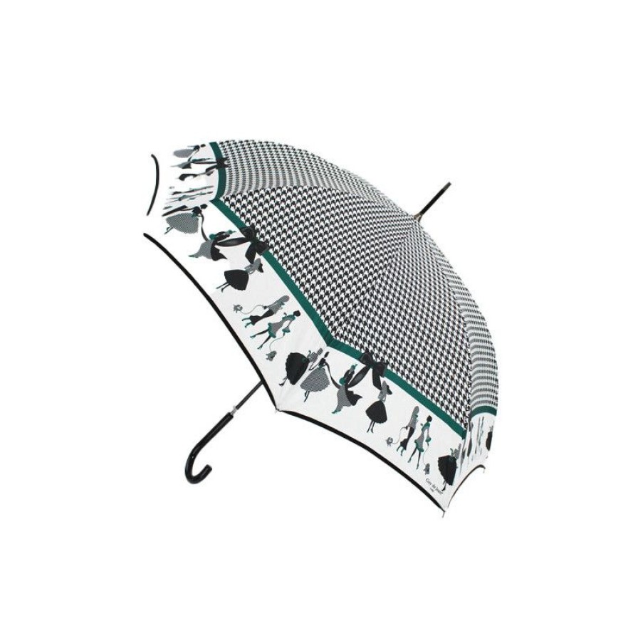 Wholesale Parapluie Droit Silhouettes Liseret Vert Motif Pied De Poule