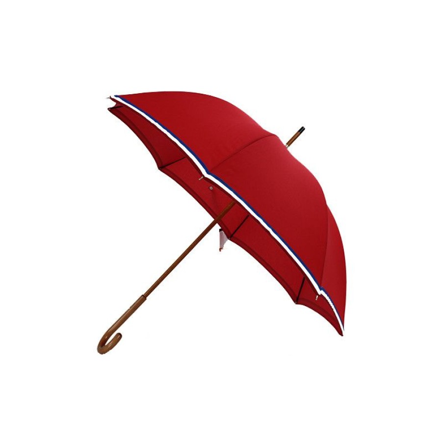 Clearance Parapluie Canne Haut De Gamme Rouge Liseret Tricolore