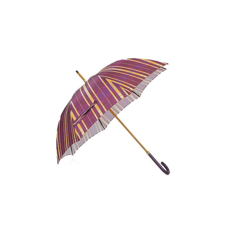 New Parapluie Canne Bandes Violettes Poigne Cuir Mauve